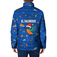 El Salvador Christmas Padded Jacket with Santa Hat Motmot Bird Traditional Foods and Blue Festive Pattern Design - Wonder Print Shop