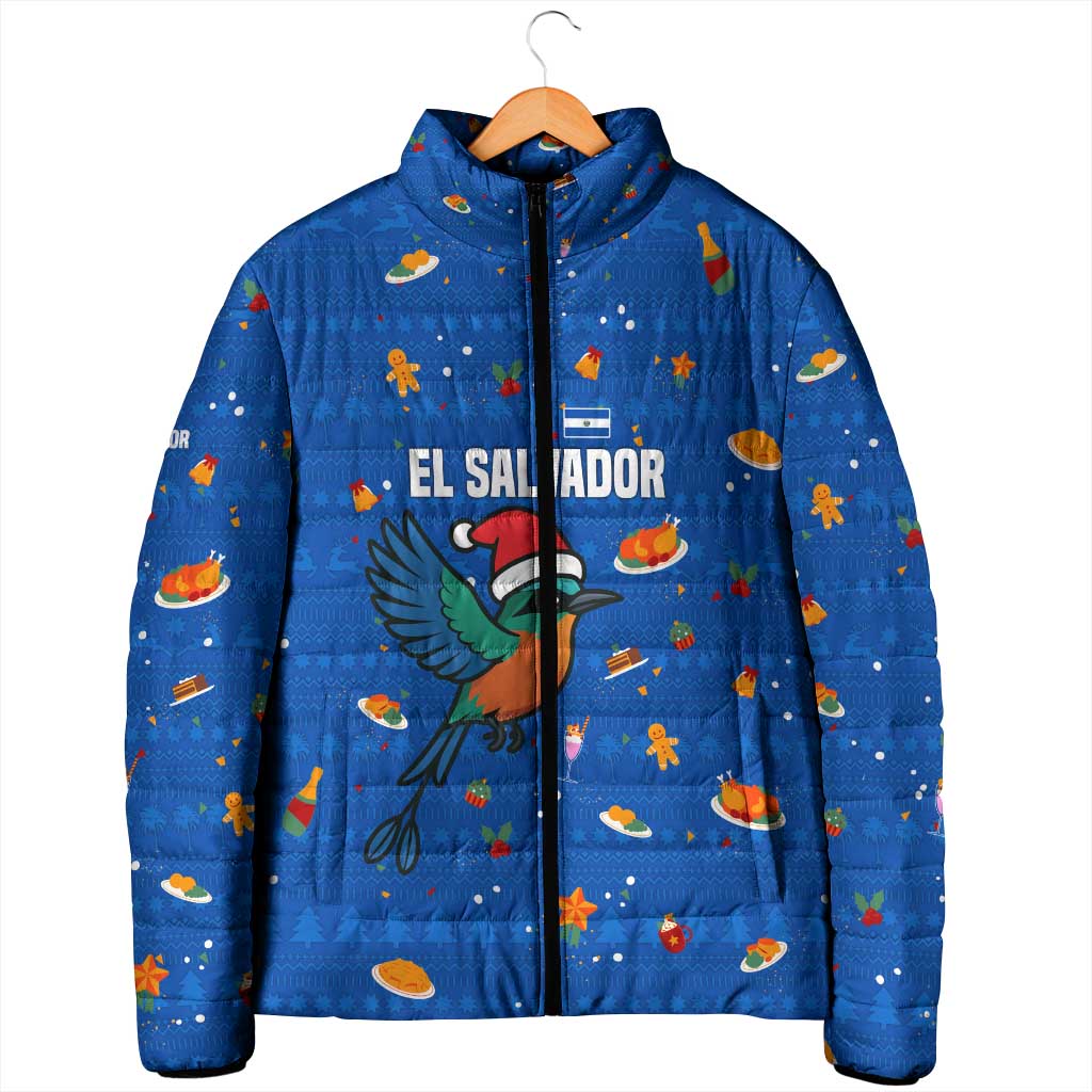 El Salvador Christmas Padded Jacket with Santa Hat Motmot Bird Traditional Foods and Blue Festive Pattern Design - Wonder Print Shop
