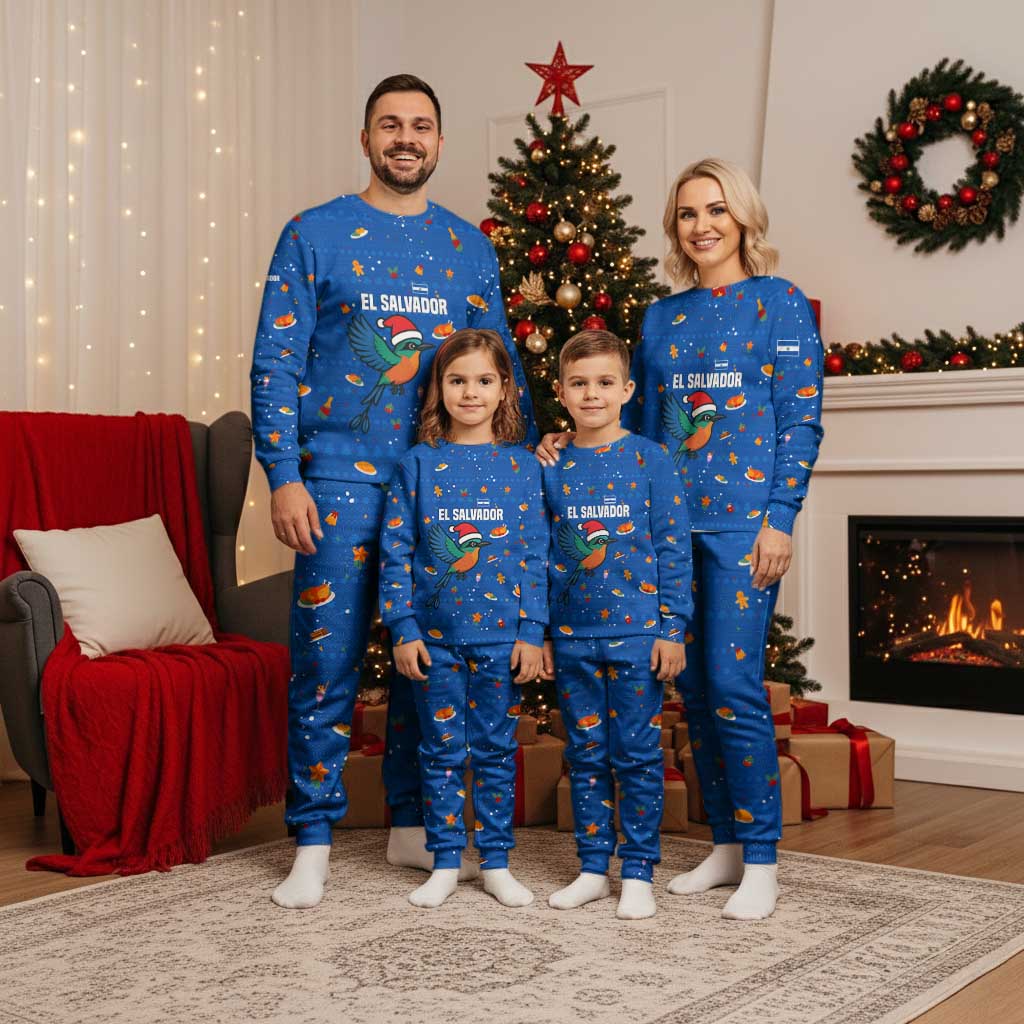 El Salvador Christmas Pajama Set with Santa Hat Motmot Bird Traditional Foods and Blue Festive Pattern Design - Wonder Print Shop