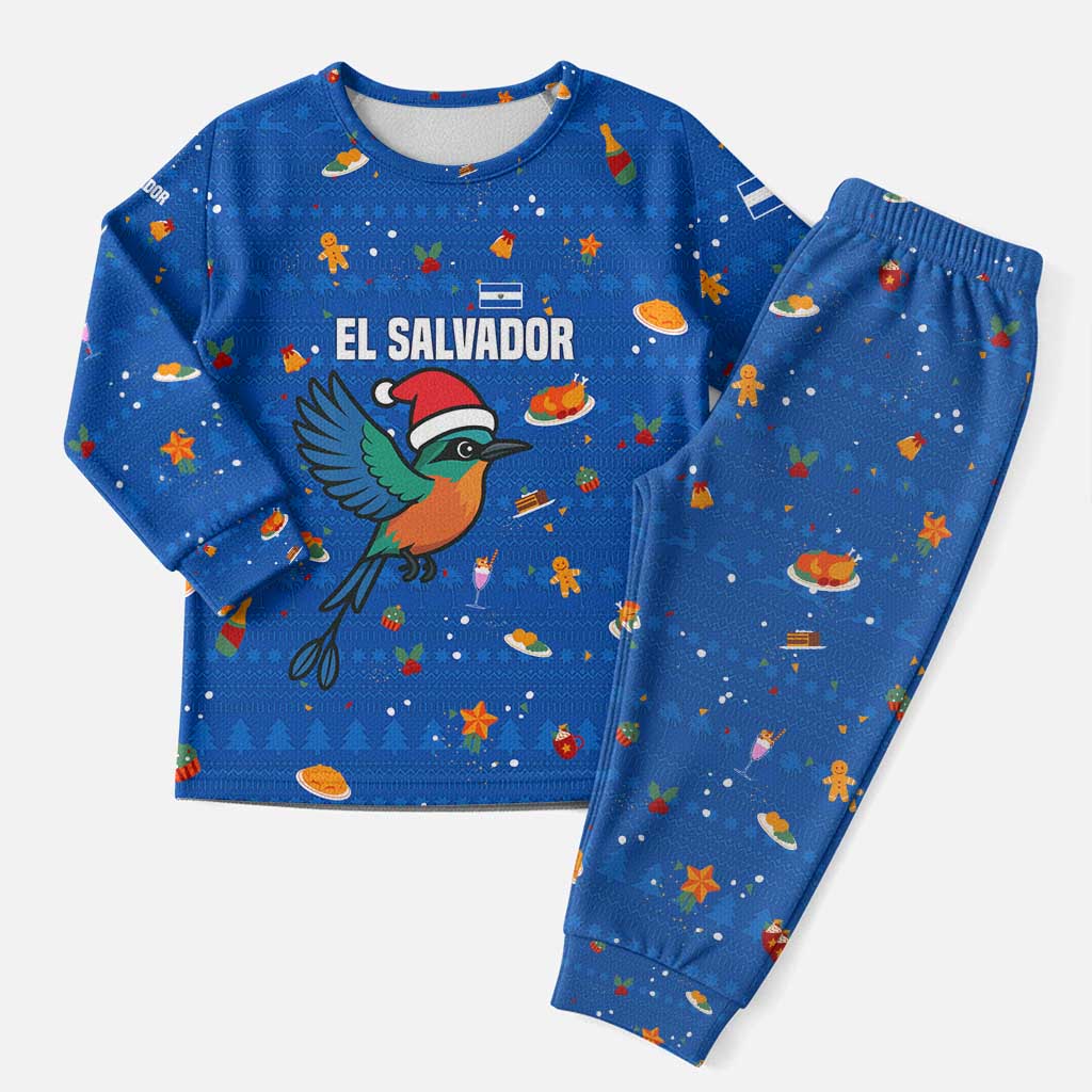El Salvador Christmas Pajama Set with Santa Hat Motmot Bird Traditional Foods and Blue Festive Pattern Design - Wonder Print Shop