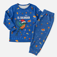 El Salvador Christmas Pajama Set with Santa Hat Motmot Bird Traditional Foods and Blue Festive Pattern Design - Wonder Print Shop