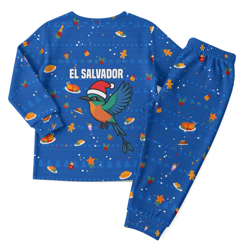 El Salvador Christmas Pajama Set with Santa Hat Motmot Bird Traditional Foods and Blue Festive Pattern Design - Wonder Print Shop