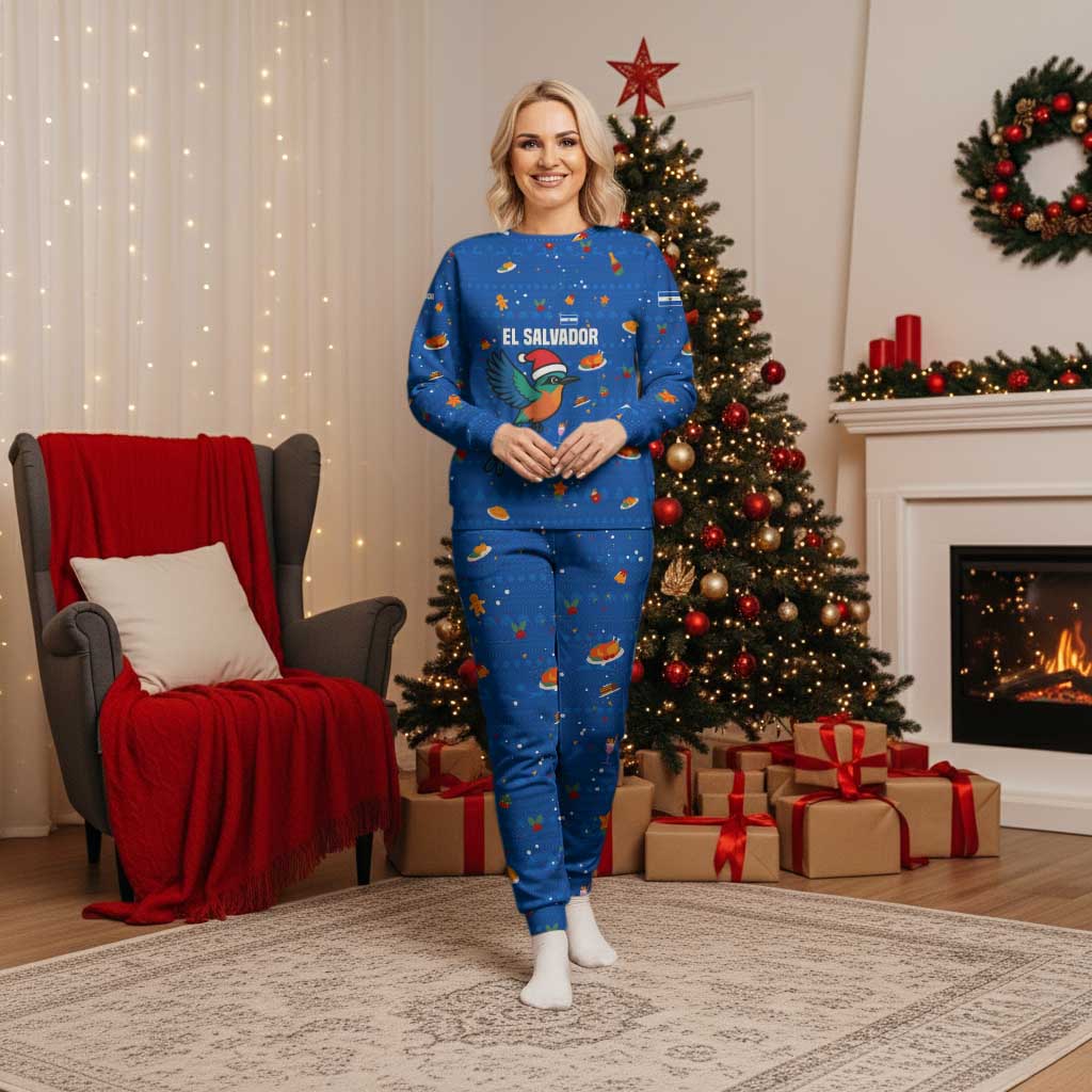 El Salvador Christmas Pajama Set with Santa Hat Motmot Bird Traditional Foods and Blue Festive Pattern Design - Wonder Print Shop