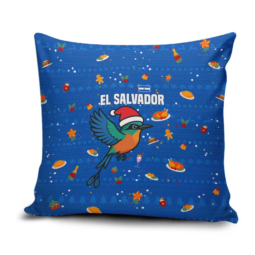 El Salvador Christmas Pillow Cover with Santa Hat Motmot Bird Traditional Foods and Blue Festive Pattern Design - Wonder Print Shop
