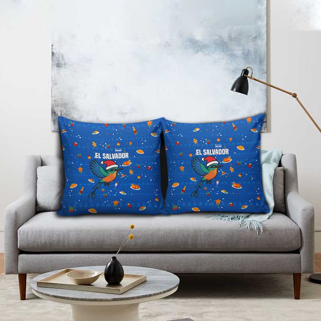 El Salvador Christmas Pillow Cover with Santa Hat Motmot Bird Traditional Foods and Blue Festive Pattern Design - Wonder Print Shop