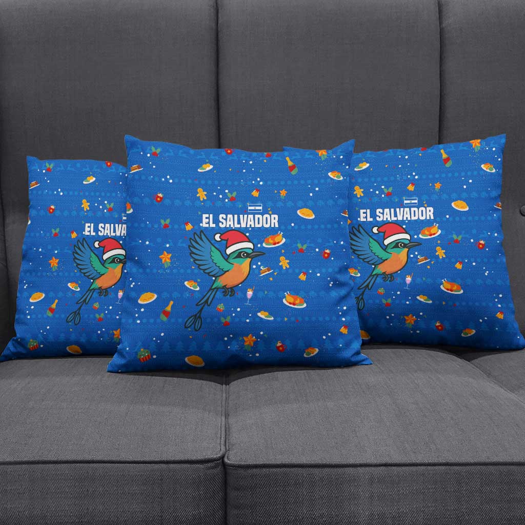 El Salvador Christmas Pillow Cover with Santa Hat Motmot Bird Traditional Foods and Blue Festive Pattern Design - Wonder Print Shop