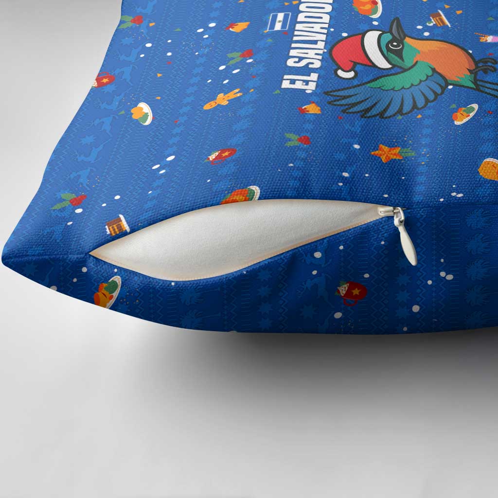 El Salvador Christmas Pillow Cover with Santa Hat Motmot Bird Traditional Foods and Blue Festive Pattern Design - Wonder Print Shop
