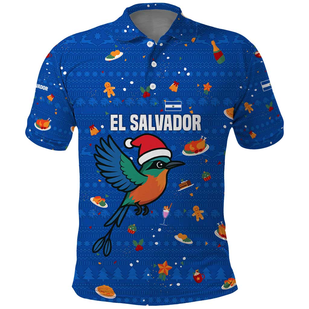 El Salvador Christmas Polo Shirt with Santa Hat Motmot Bird Traditional Foods and Blue Festive Pattern Design - Wonder Print Shop