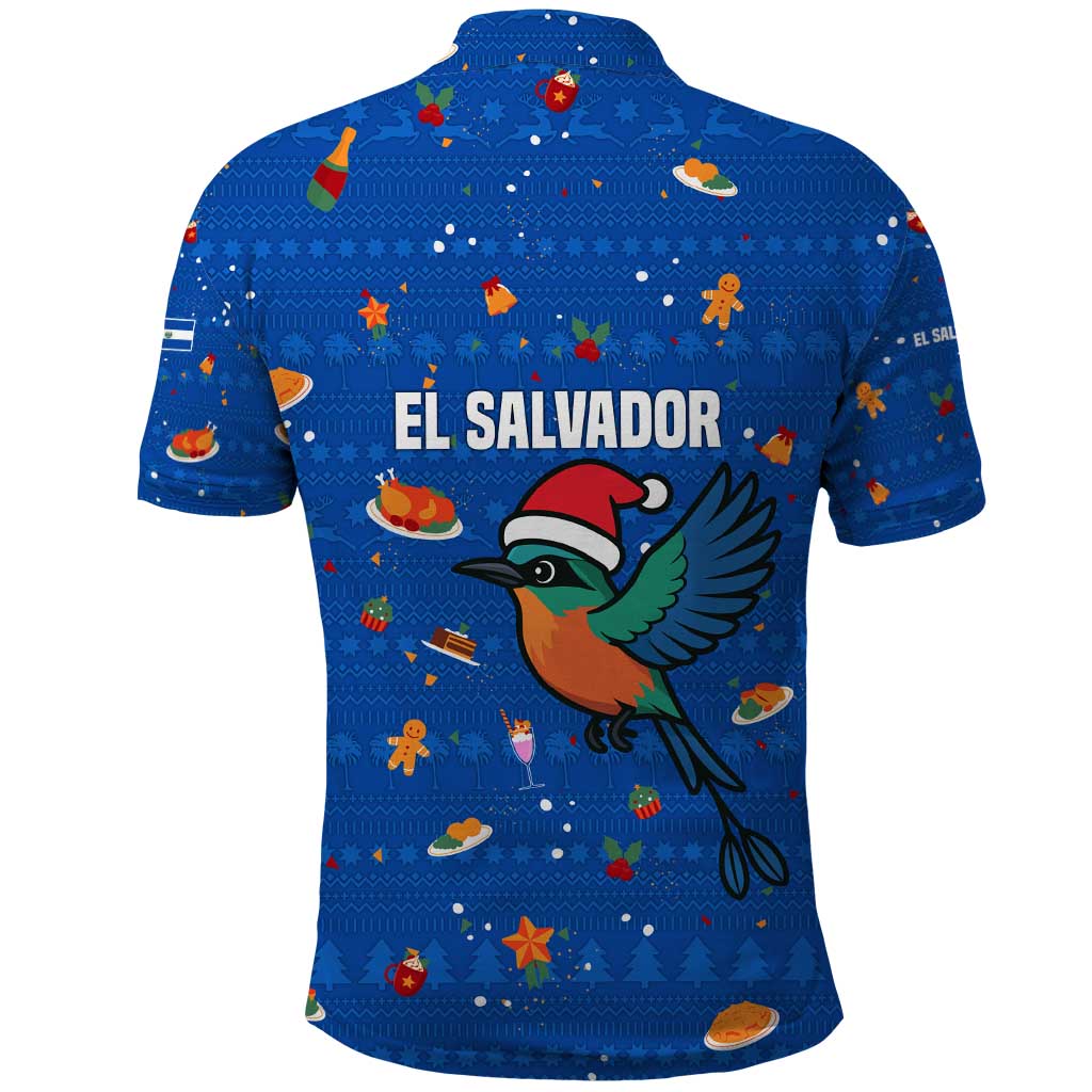 El Salvador Christmas Polo Shirt with Santa Hat Motmot Bird Traditional Foods and Blue Festive Pattern Design - Wonder Print Shop