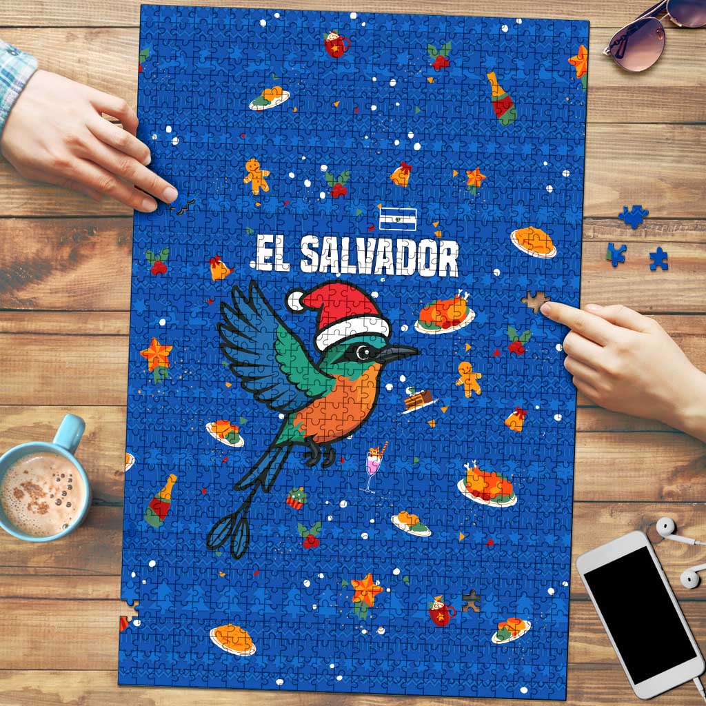 El Salvador Christmas Puzzle with Santa Hat Motmot Bird Traditional Foods and Blue Festive Pattern Design - Wonder Print Shop