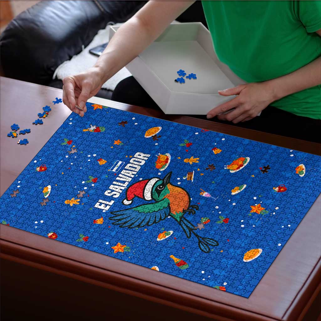 El Salvador Christmas Puzzle with Santa Hat Motmot Bird Traditional Foods and Blue Festive Pattern Design - Wonder Print Shop