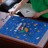 El Salvador Christmas Puzzle with Santa Hat Motmot Bird Traditional Foods and Blue Festive Pattern Design - Wonder Print Shop