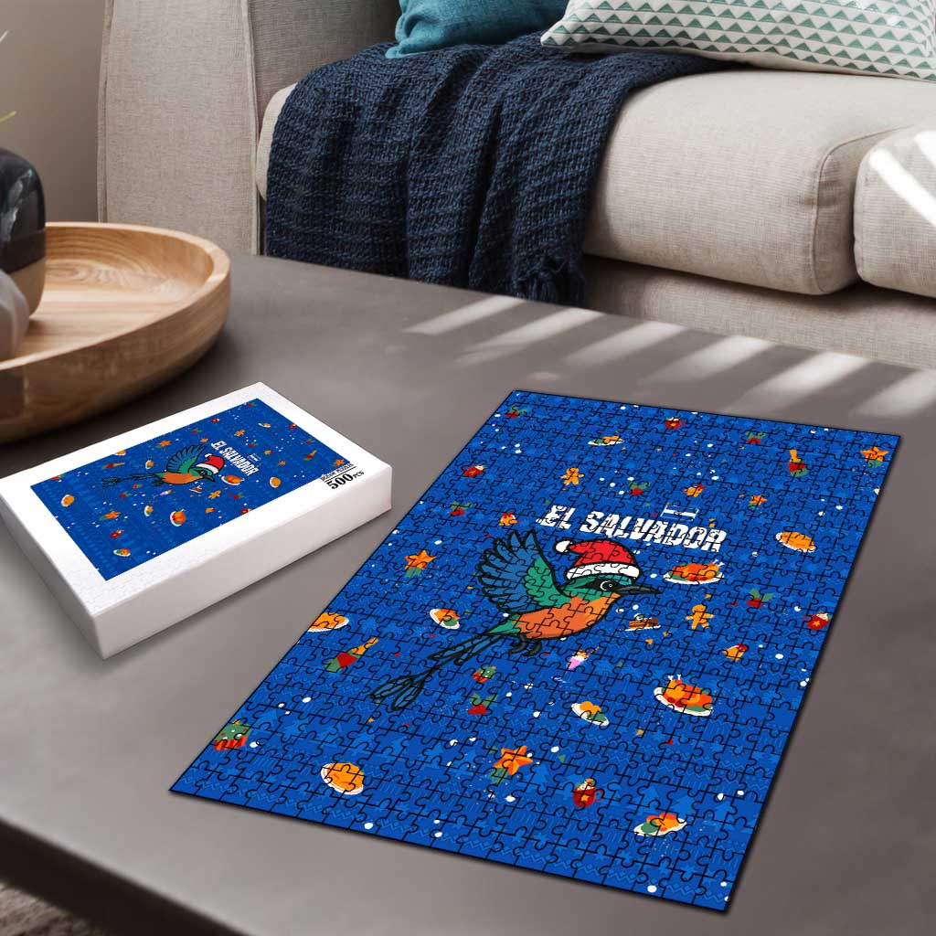 El Salvador Christmas Puzzle with Santa Hat Motmot Bird Traditional Foods and Blue Festive Pattern Design - Wonder Print Shop