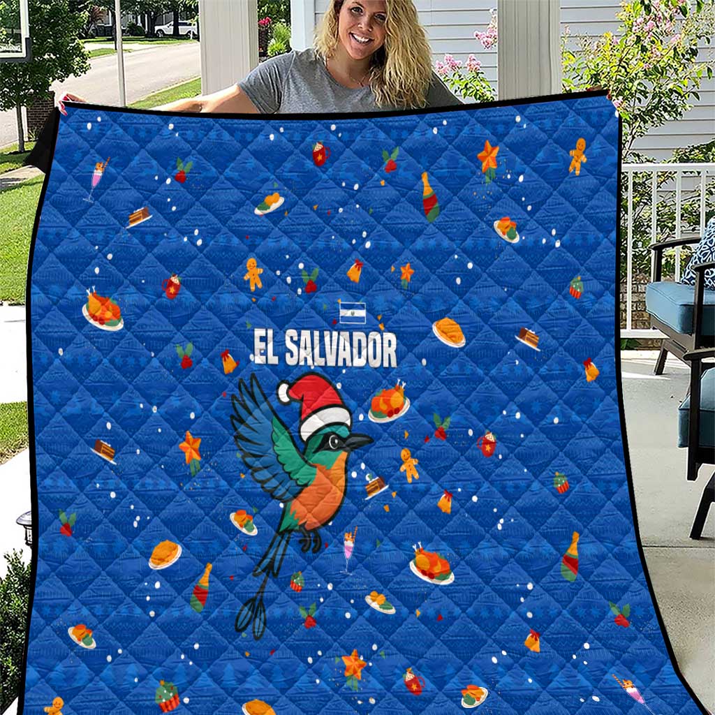 El Salvador Christmas Quilt with Santa Hat Motmot Bird Traditional Foods and Blue Festive Pattern Design - Wonder Print Shop