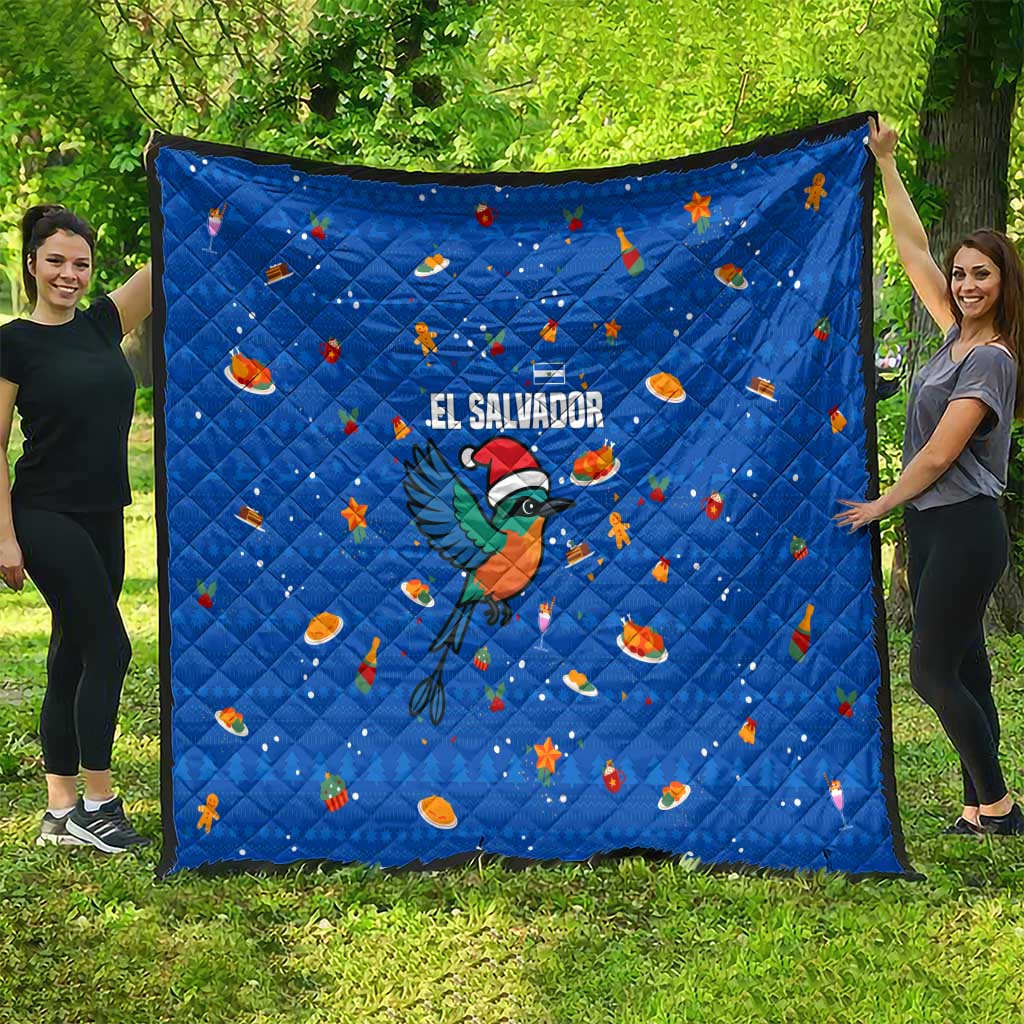 El Salvador Christmas Quilt with Santa Hat Motmot Bird Traditional Foods and Blue Festive Pattern Design - Wonder Print Shop