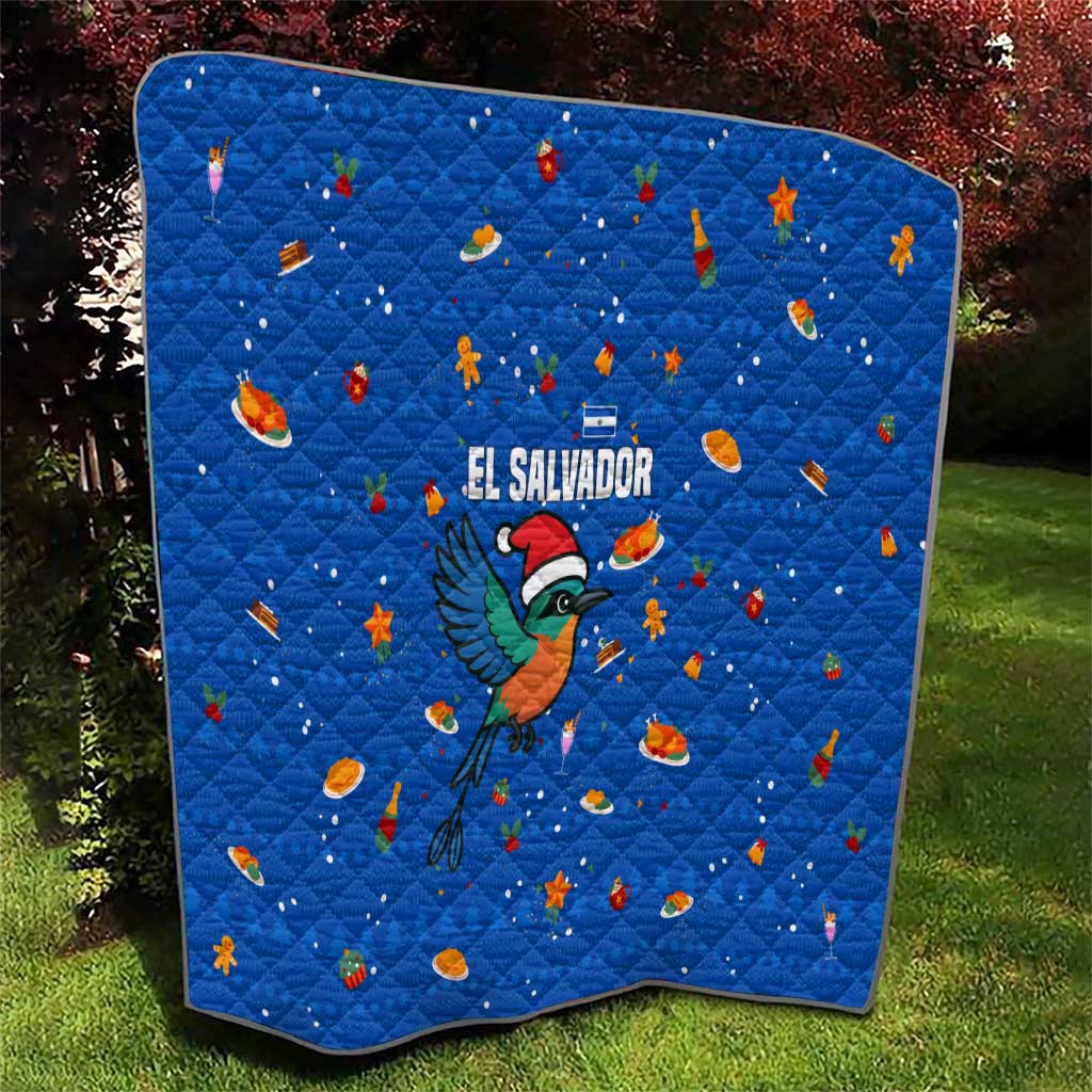 El Salvador Christmas Quilt with Santa Hat Motmot Bird Traditional Foods and Blue Festive Pattern Design - Wonder Print Shop