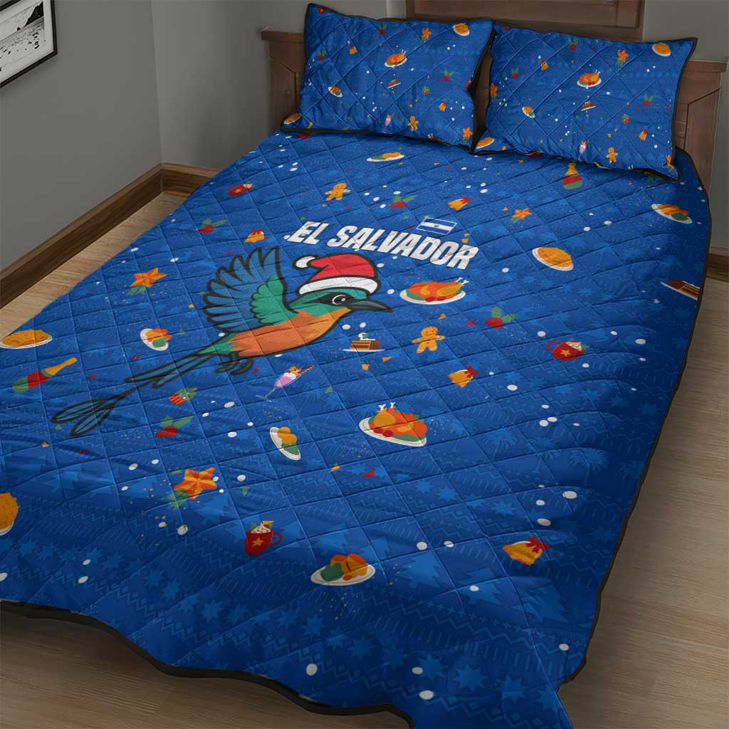 El Salvador Christmas Quilt Bed Set with Santa Hat Motmot Bird Traditional Foods and Blue Festive Pattern Design - Wonder Print Shop