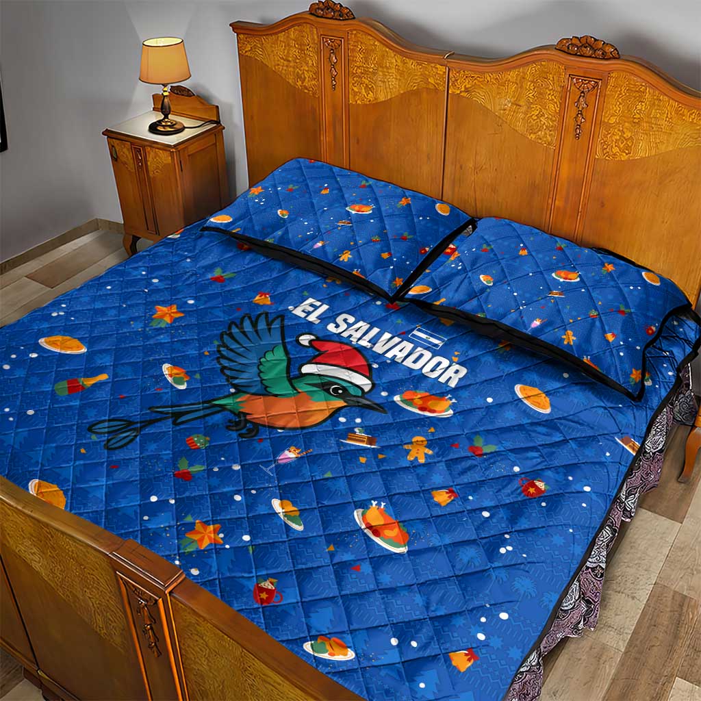 El Salvador Christmas Quilt Bed Set with Santa Hat Motmot Bird Traditional Foods and Blue Festive Pattern Design - Wonder Print Shop