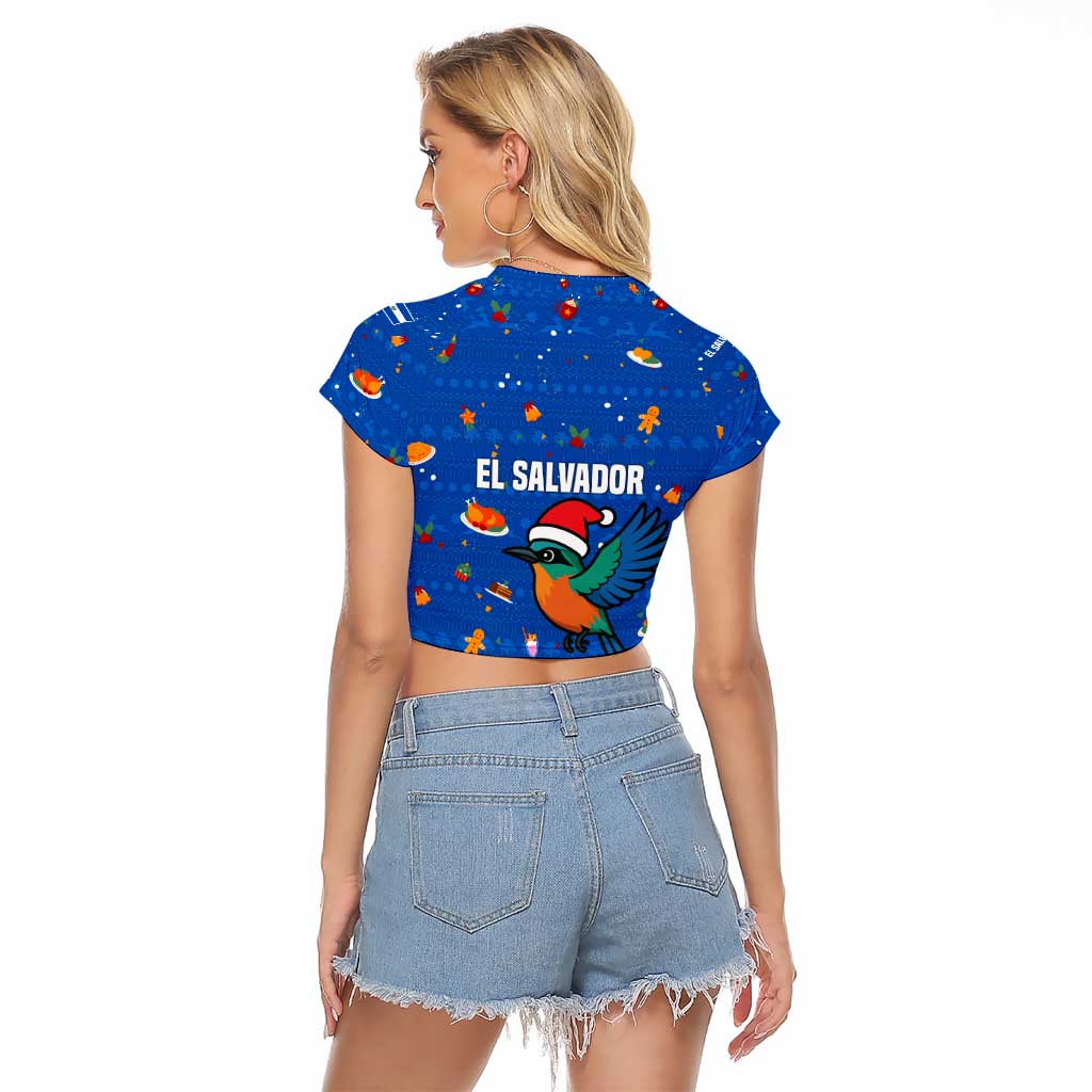 El Salvador Christmas Raglan Cropped T Shirt with Santa Hat Motmot Bird Traditional Foods and Blue Festive Pattern Design - Wonder Print Shop