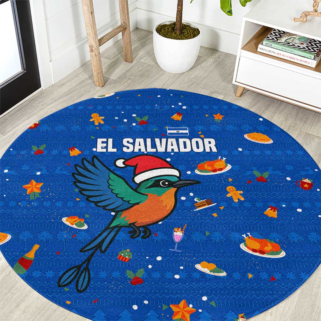 El Salvador Christmas Round Carpet with Santa Hat Motmot Bird Traditional Foods and Blue Festive Pattern Design - Wonder Print Shop