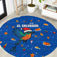 El Salvador Christmas Round Carpet with Santa Hat Motmot Bird Traditional Foods and Blue Festive Pattern Design - Wonder Print Shop