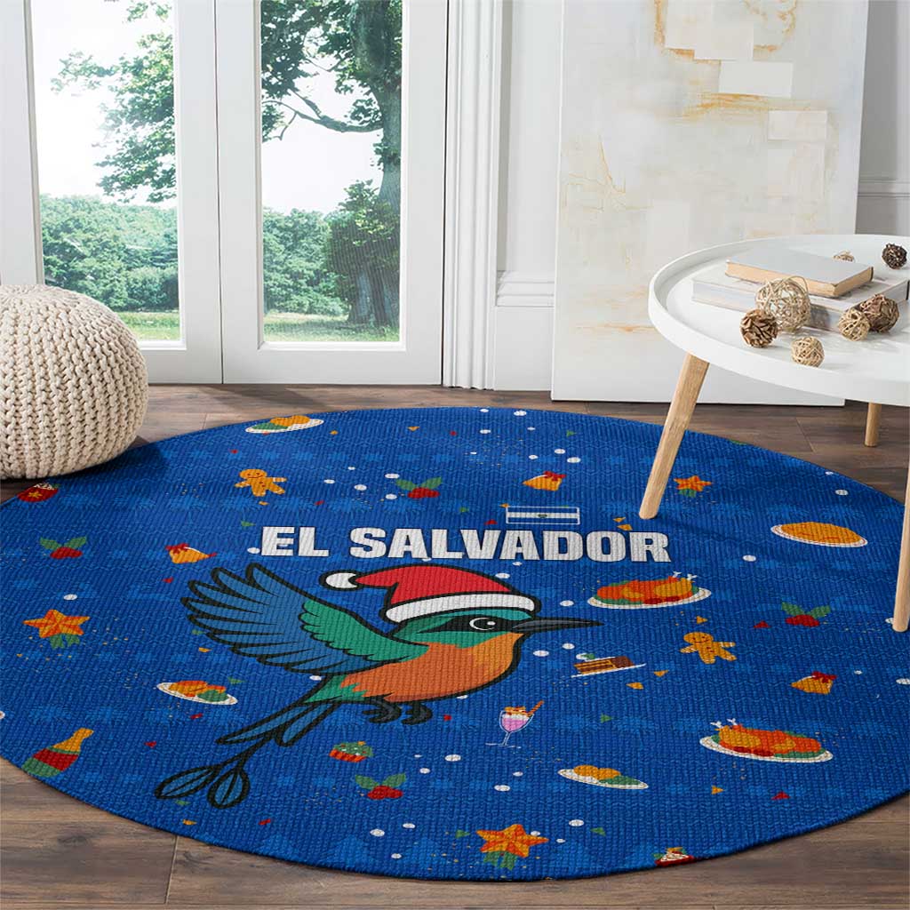 El Salvador Christmas Round Carpet with Santa Hat Motmot Bird Traditional Foods and Blue Festive Pattern Design - Wonder Print Shop