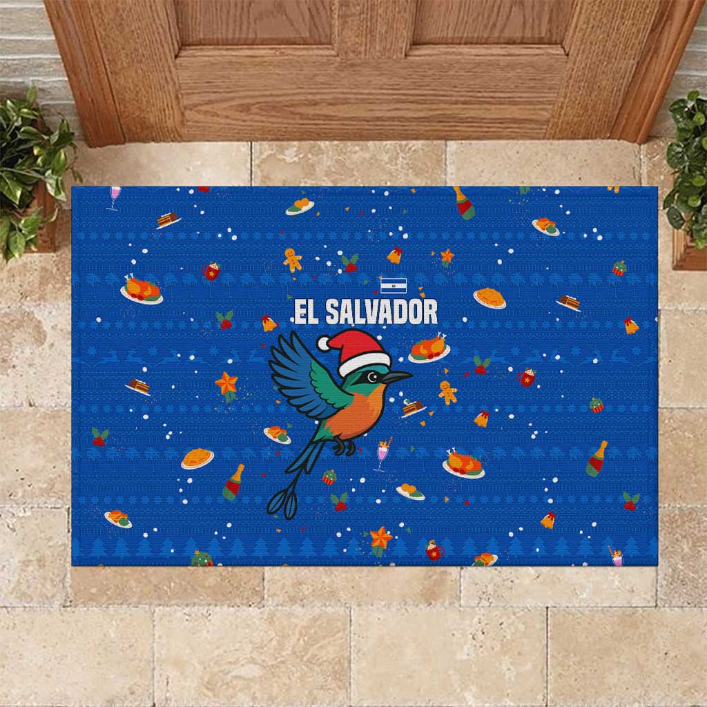 El Salvador Christmas Rubber Doormat with Santa Hat Motmot Bird Traditional Foods and Blue Festive Pattern Design - Wonder Print Shop