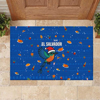 El Salvador Christmas Rubber Doormat with Santa Hat Motmot Bird Traditional Foods and Blue Festive Pattern Design - Wonder Print Shop