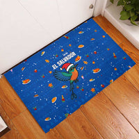 El Salvador Christmas Rubber Doormat with Santa Hat Motmot Bird Traditional Foods and Blue Festive Pattern Design - Wonder Print Shop