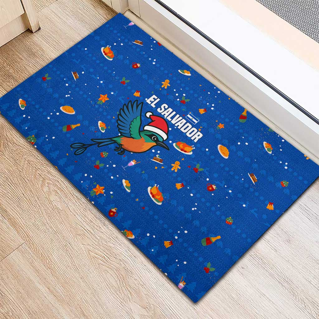 El Salvador Christmas Rubber Doormat with Santa Hat Motmot Bird Traditional Foods and Blue Festive Pattern Design - Wonder Print Shop