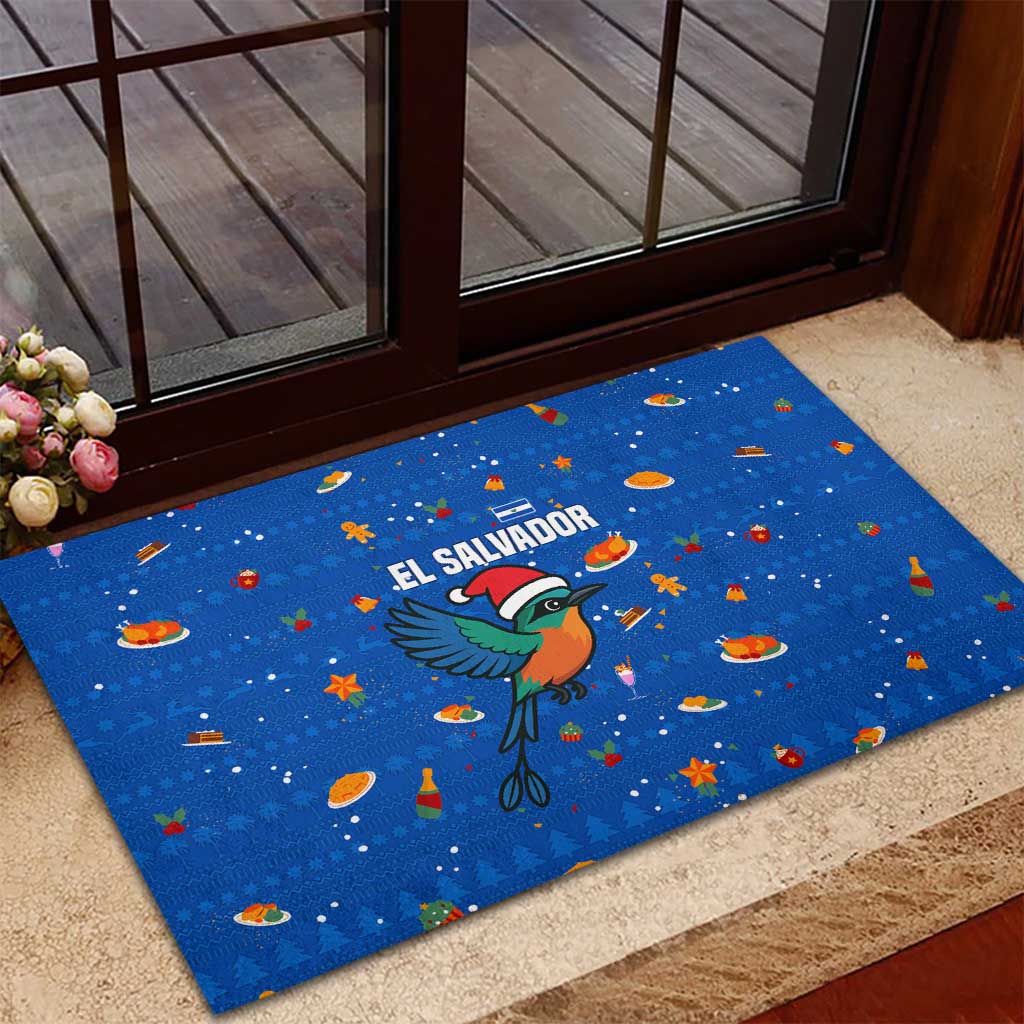 El Salvador Christmas Rubber Doormat with Santa Hat Motmot Bird Traditional Foods and Blue Festive Pattern Design - Wonder Print Shop