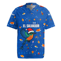 El Salvador Christmas Rugby Jersey with Santa Hat Motmot Bird Traditional Foods and Blue Festive Pattern Design - Wonder Print Shop