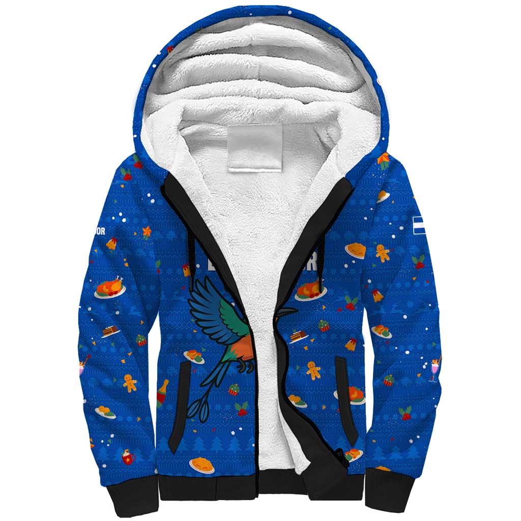 El Salvador Christmas Sherpa Hoodie with Santa Hat Motmot Bird Traditional Foods and Blue Festive Pattern Design - Wonder Print Shop