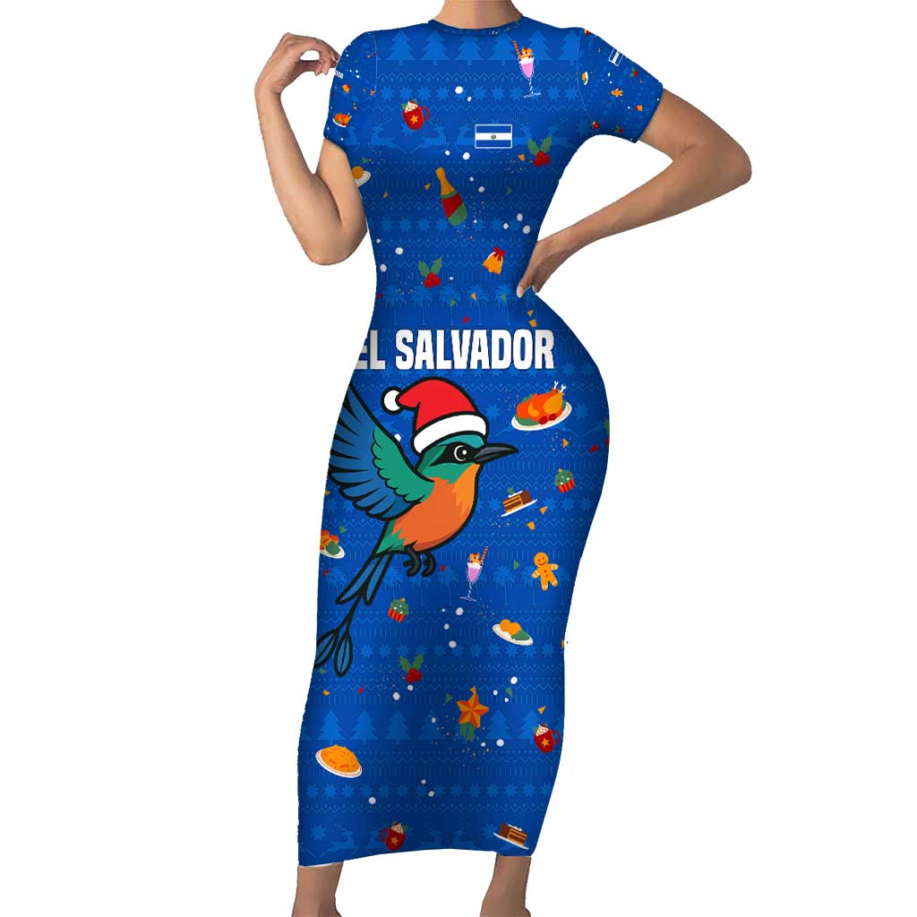 El Salvador Christmas Short Sleeve Bodycon Dress with Santa Hat Motmot Bird Traditional Foods and Blue Festive Pattern Design - Wonder Print Shop