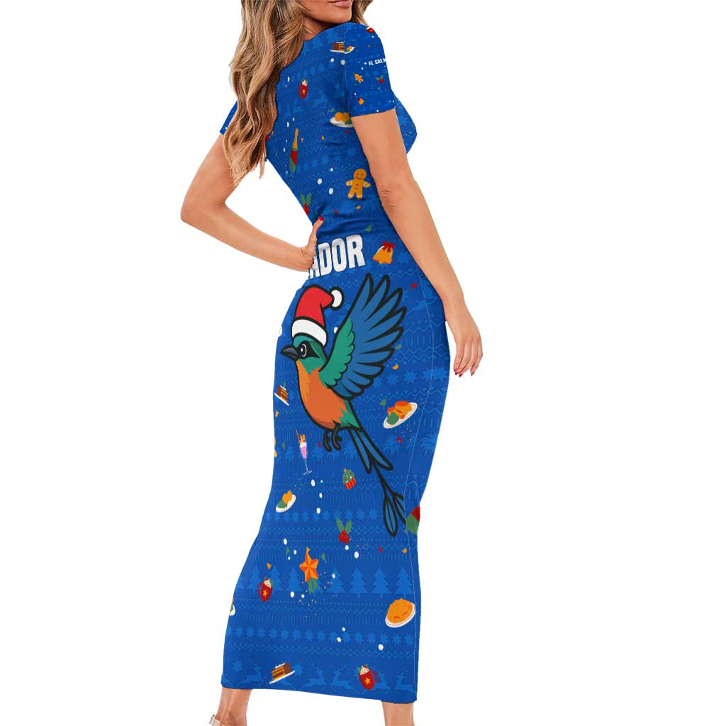 El Salvador Christmas Short Sleeve Bodycon Dress with Santa Hat Motmot Bird Traditional Foods and Blue Festive Pattern Design - Wonder Print Shop