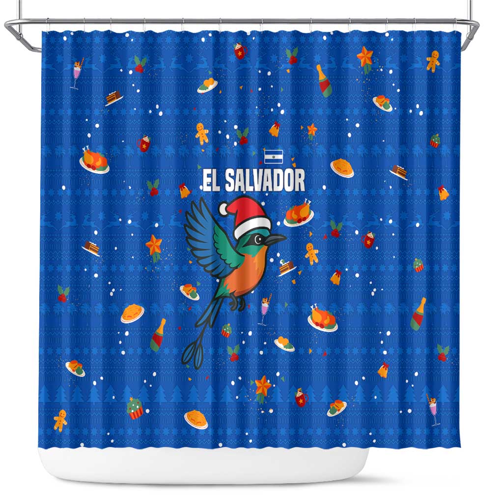 El Salvador Christmas Shower Curtain with Santa Hat Motmot Bird Traditional Foods and Blue Festive Pattern Design - Wonder Print Shop