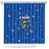 El Salvador Christmas Shower Curtain with Santa Hat Motmot Bird Traditional Foods and Blue Festive Pattern Design - Wonder Print Shop