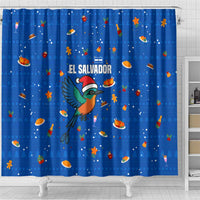 El Salvador Christmas Shower Curtain with Santa Hat Motmot Bird Traditional Foods and Blue Festive Pattern Design - Wonder Print Shop