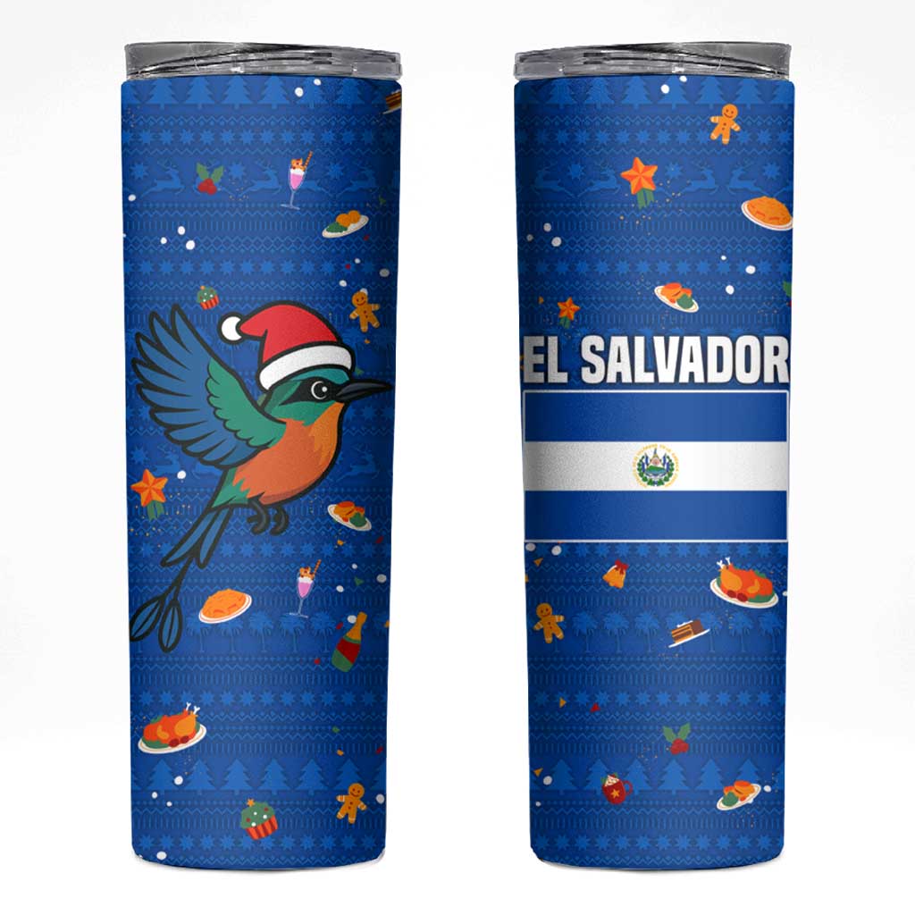El Salvador Christmas Skinny Tumbler with Santa Hat Motmot Bird Traditional Foods and Blue Festive Pattern Design - Wonder Print Shop