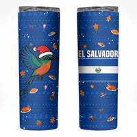 El Salvador Christmas Skinny Tumbler with Santa Hat Motmot Bird Traditional Foods and Blue Festive Pattern Design - Wonder Print Shop