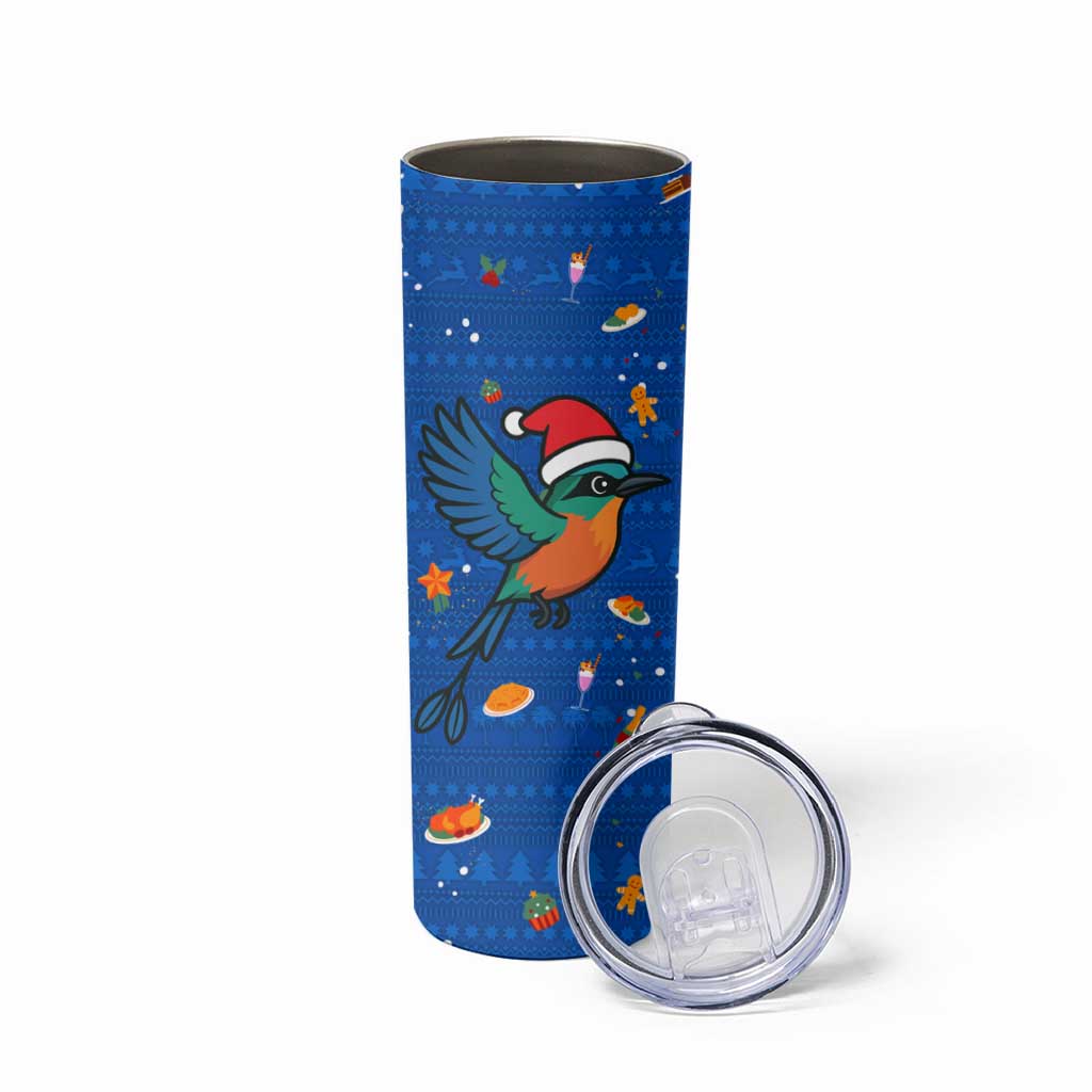 El Salvador Christmas Skinny Tumbler with Santa Hat Motmot Bird Traditional Foods and Blue Festive Pattern Design - Wonder Print Shop