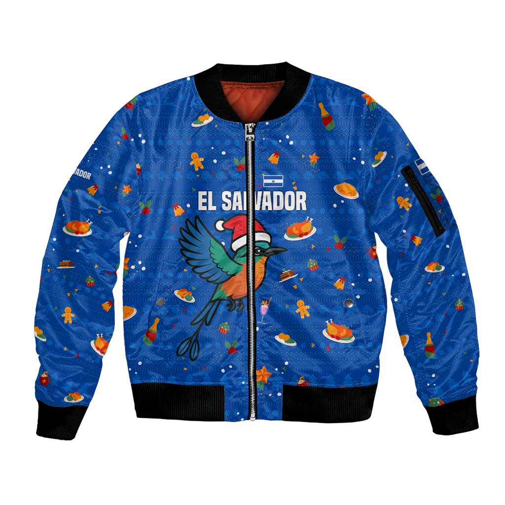 El Salvador Christmas Sleeve Zip Bomber Jacket with Santa Hat Motmot Bird Traditional Foods and Blue Festive Pattern Design - Wonder Print Shop