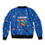 El Salvador Christmas Sleeve Zip Bomber Jacket with Santa Hat Motmot Bird Traditional Foods and Blue Festive Pattern Design - Wonder Print Shop