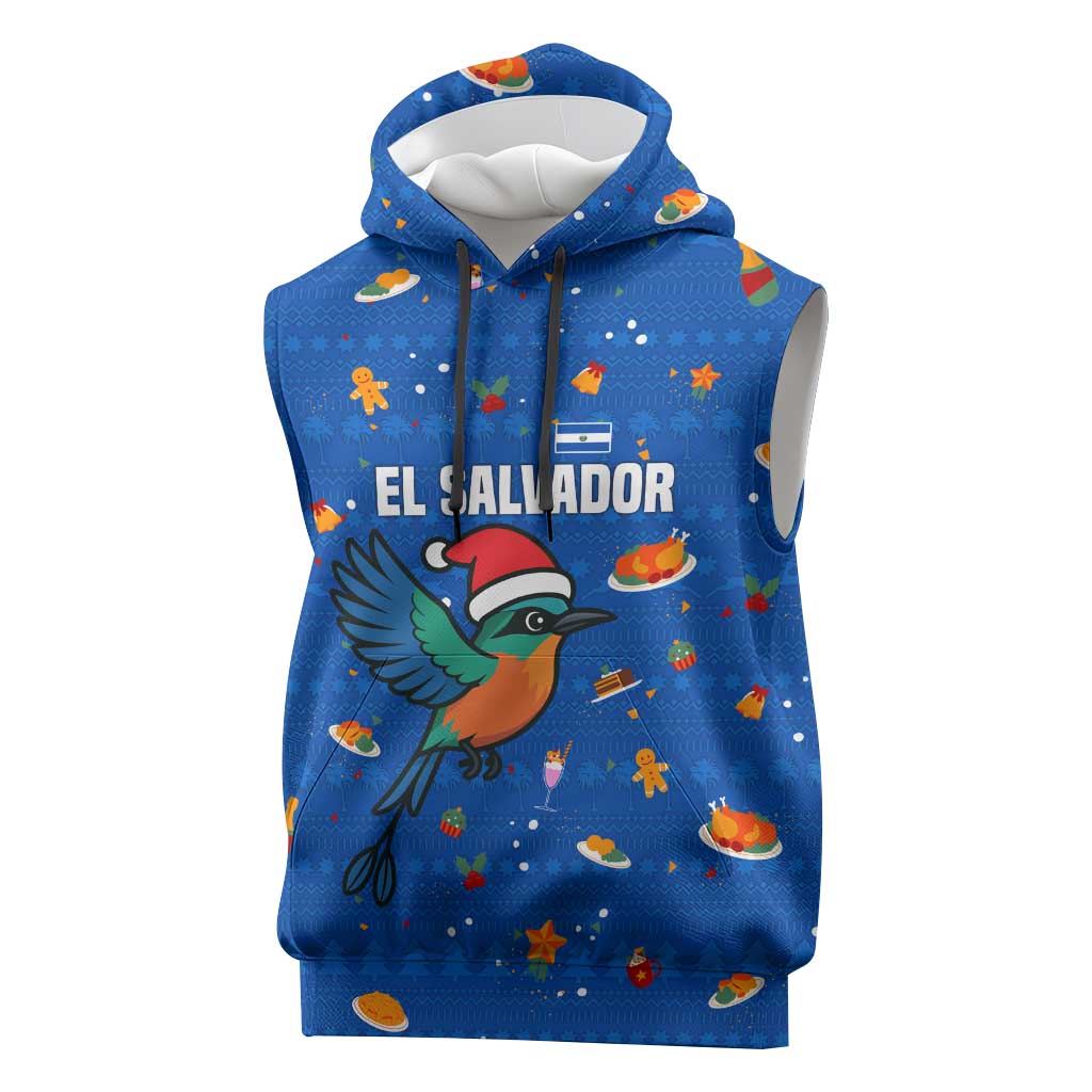 El Salvador Christmas Sleeveless Hoodie with Santa Hat Motmot Bird Traditional Foods and Blue Festive Pattern Design - Wonder Print Shop