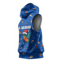 El Salvador Christmas Sleeveless Hoodie with Santa Hat Motmot Bird Traditional Foods and Blue Festive Pattern Design - Wonder Print Shop