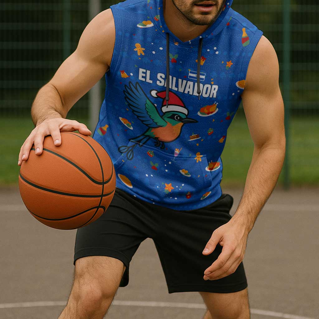 El Salvador Christmas Sleeveless Hoodie with Santa Hat Motmot Bird Traditional Foods and Blue Festive Pattern Design - Wonder Print Shop