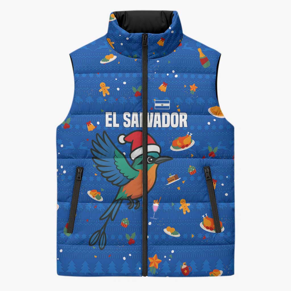 El Salvador Christmas Sleeveless Puffer Jacket with Santa Hat Motmot Bird Traditional Foods and Blue Festive Pattern Design - Wonder Print Shop