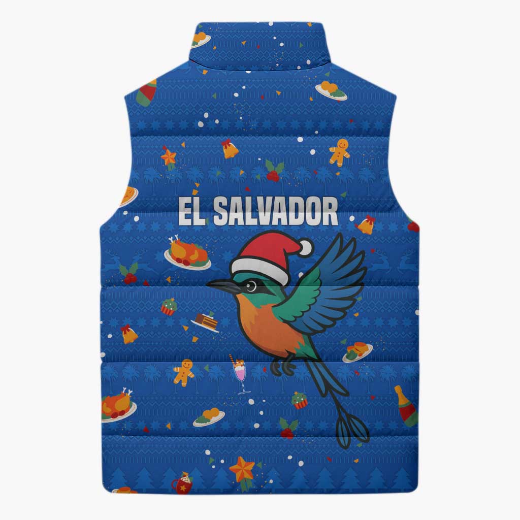 El Salvador Christmas Sleeveless Puffer Jacket with Santa Hat Motmot Bird Traditional Foods and Blue Festive Pattern Design - Wonder Print Shop