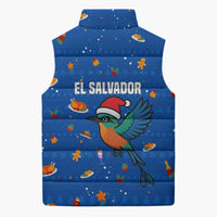 El Salvador Christmas Sleeveless Puffer Jacket with Santa Hat Motmot Bird Traditional Foods and Blue Festive Pattern Design - Wonder Print Shop