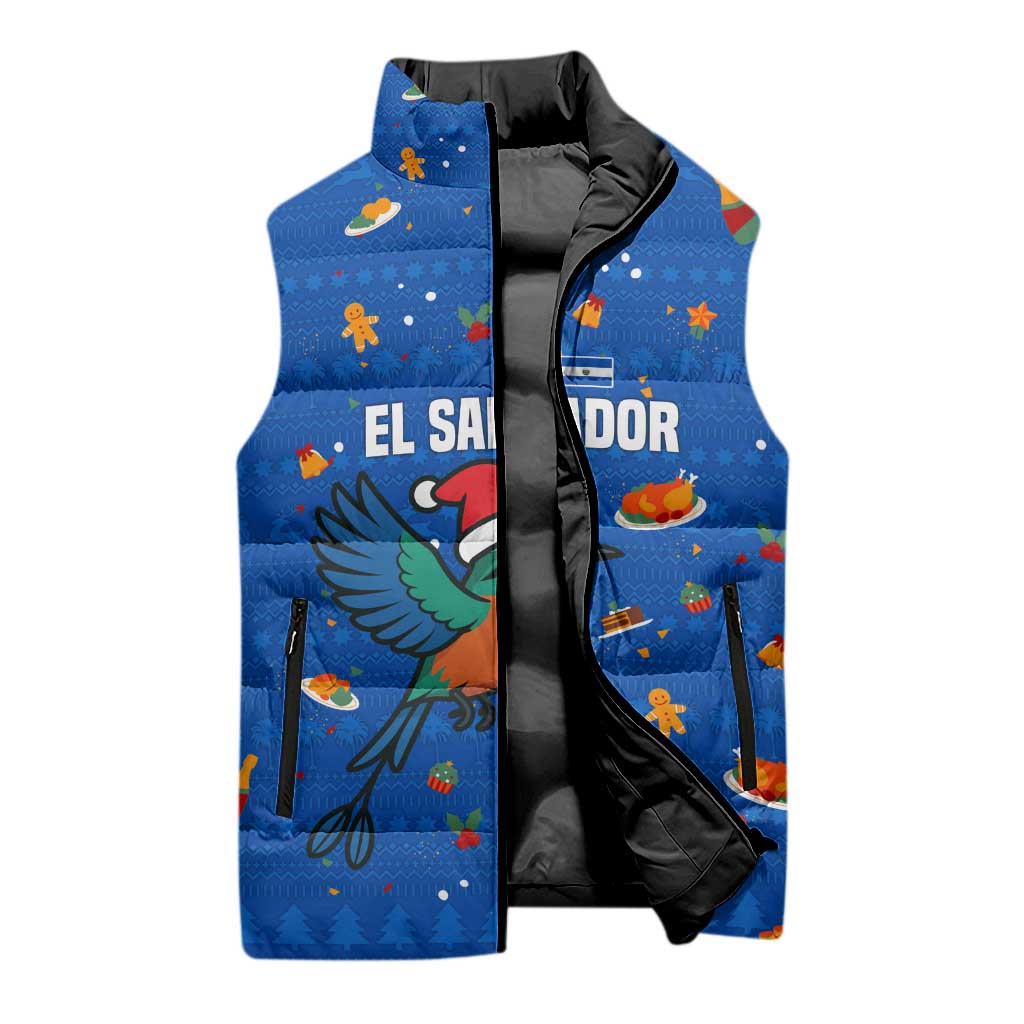 El Salvador Christmas Sleeveless Puffer Jacket with Santa Hat Motmot Bird Traditional Foods and Blue Festive Pattern Design - Wonder Print Shop